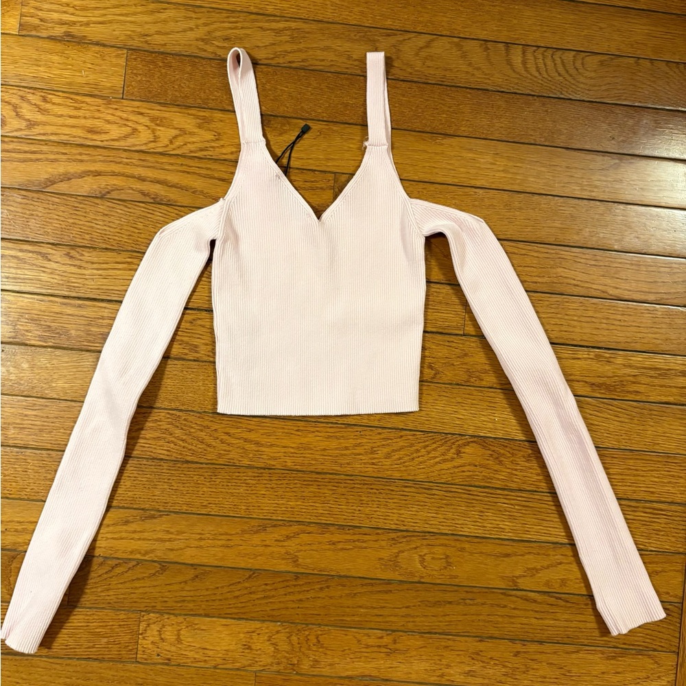 Zara Light Pink Ribbed Cold-Shoulder Top - Picture 2 of 7
